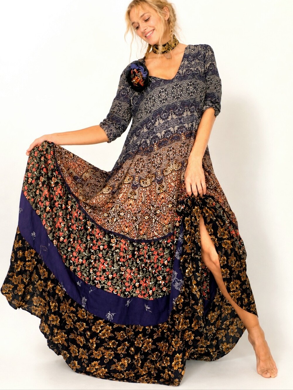 Designer Maxi Dress Shabby Chic Hippie Cottagecore Upcycled European Cotton Boho
